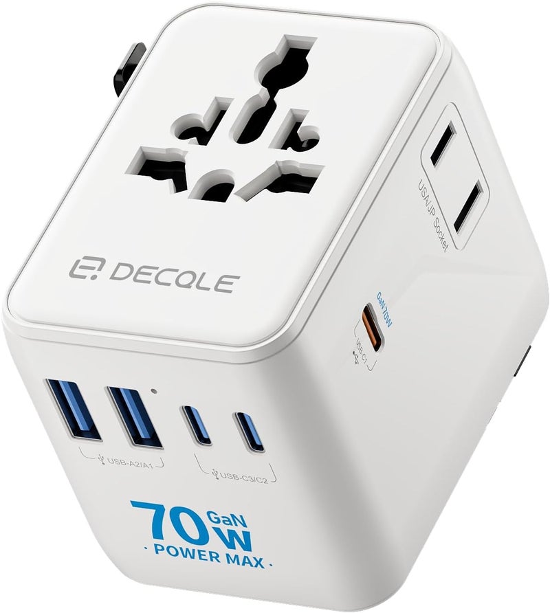D DECQLE Universal Travel Adapter, International Travel Plug Adapter with 3 USB-C ＆ 2 USB-A Ports 70W, All in One Portable Socket, for USA, UK, EU, AU ＆ 224+ Countries (White) - Image 1